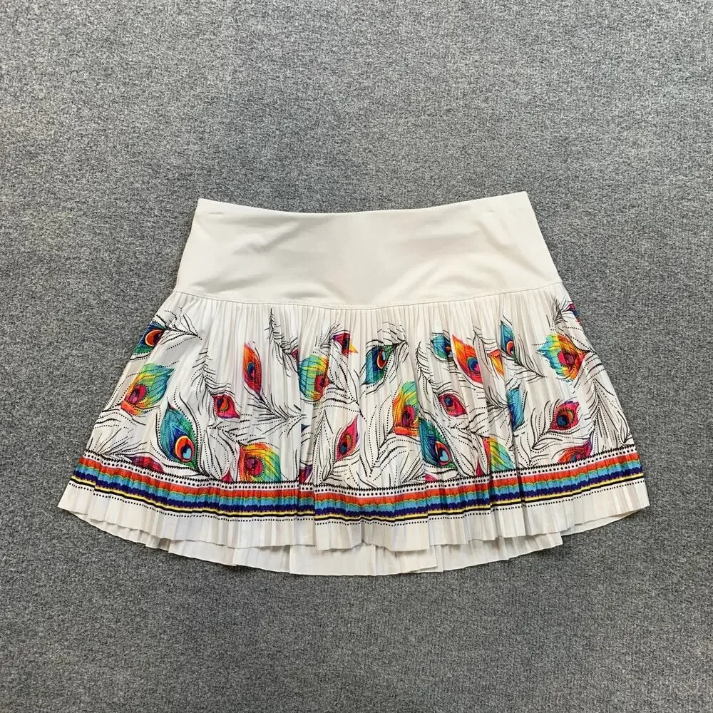 Lucky In Love Skort Womens M Medium White Pleated Peacock Feather Print Golf